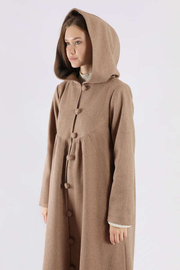 Kapüşonlu Düğmeli Kaban Vizon - 2