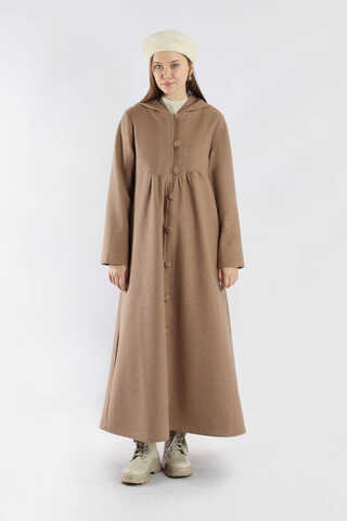 Kapüşonlu Düğmeli Kaban Vizon - 3