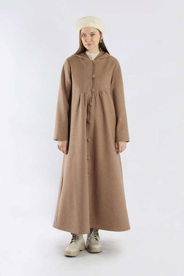 Kapüşonlu Düğmeli Kaban Vizon - 3