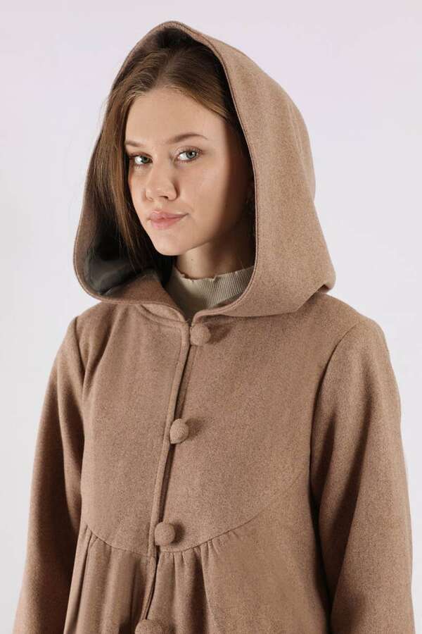 Kapüşonlu Düğmeli Kaban Vizon - 4