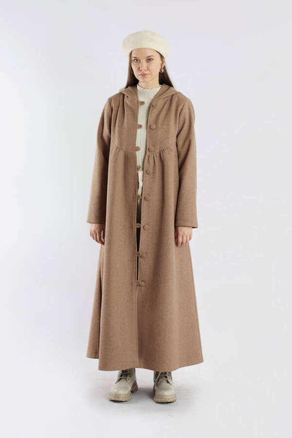 Kapüşonlu Düğmeli Kaban Vizon - 5