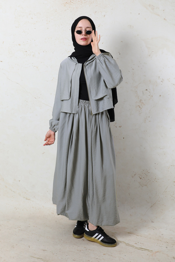 Kapüşonlu Etek Takım Gri - 1