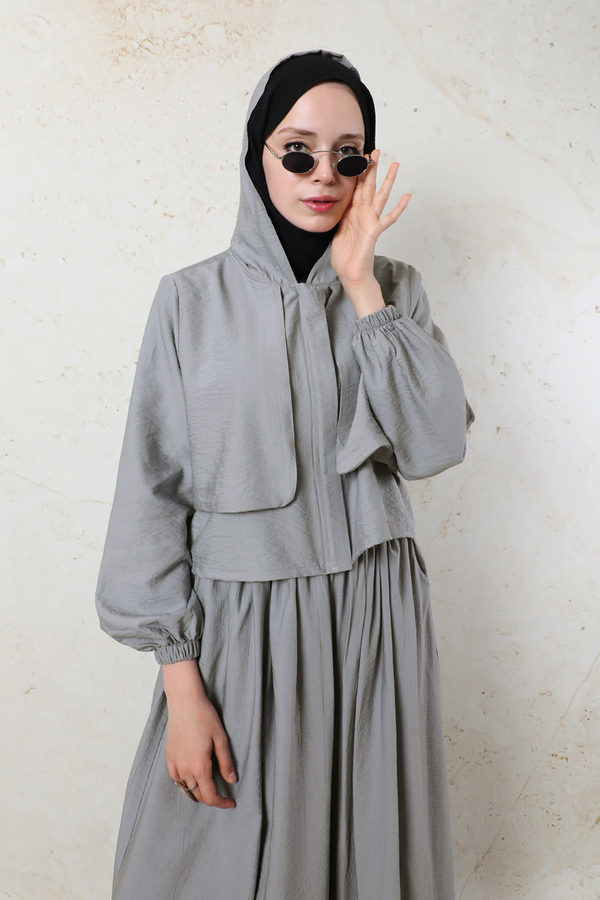 Kapüşonlu Etek Takım Gri - 5