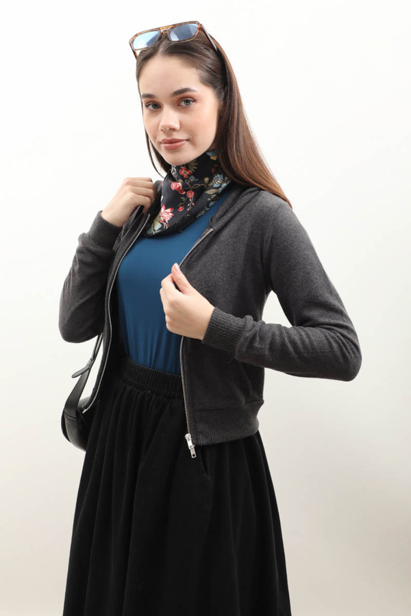 Kapüşonlu Kısa Hırka Antrasit - 1