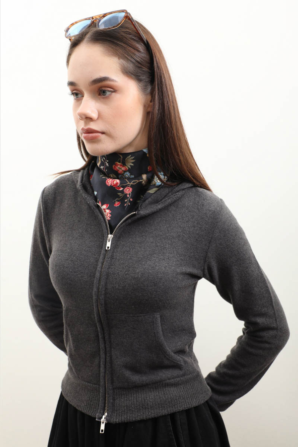 Kapüşonlu Kısa Hırka Antrasit - 6