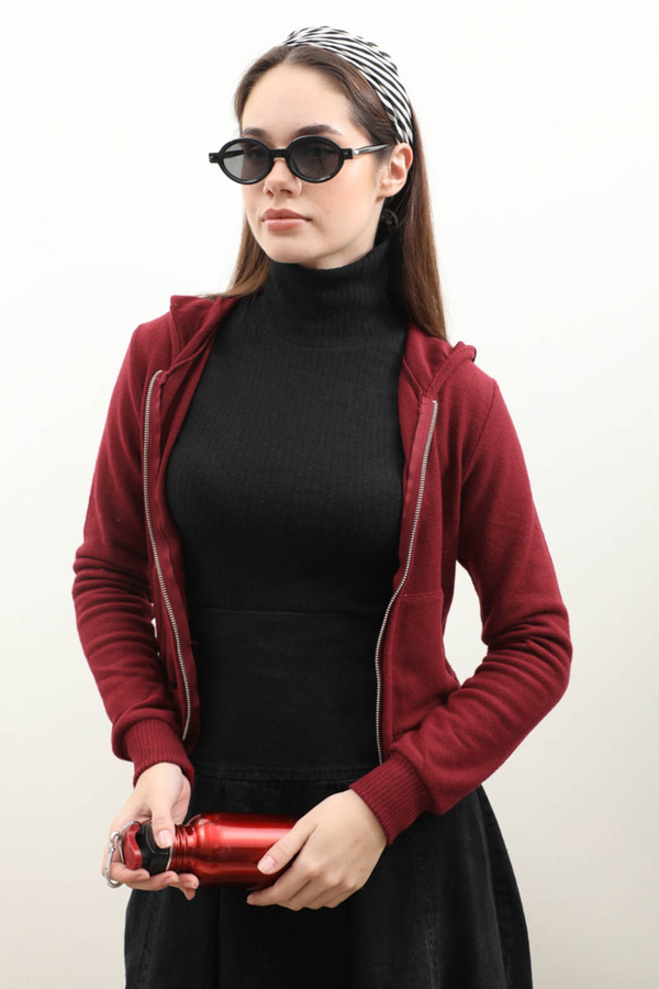 Kapüşonlu Kısa Hırka Bordo - 5