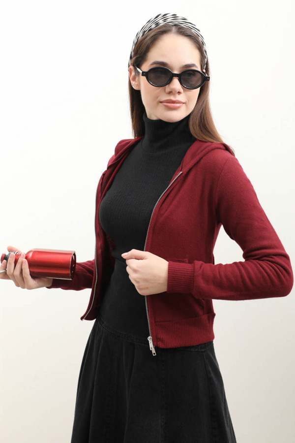 Kapüşonlu Kısa Hırka Bordo - 3