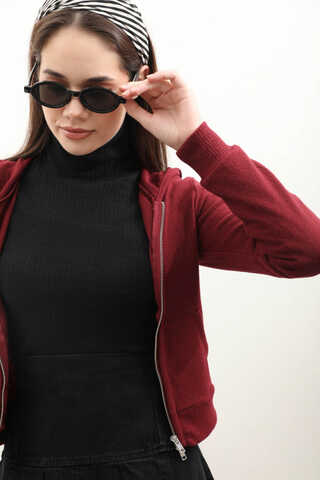Kapüşonlu Kısa Hırka Bordo - 4