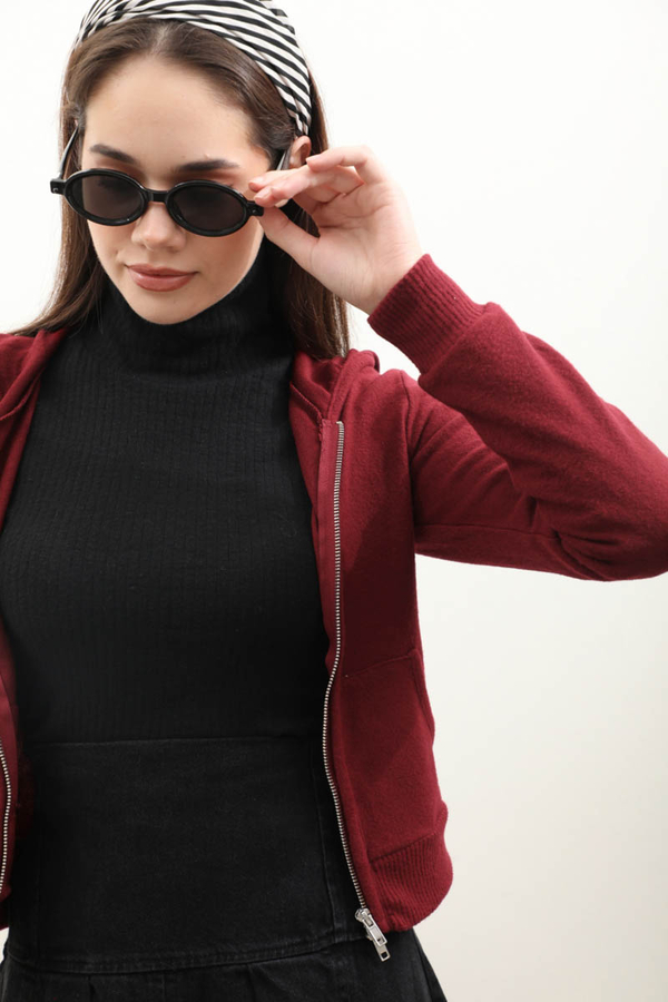 Kapüşonlu Kısa Hırka Bordo - 4