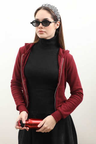 Kapüşonlu Kısa Hırka Bordo - 5