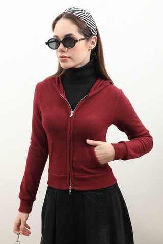 Kapüşonlu Kısa Hırka Bordo - 1