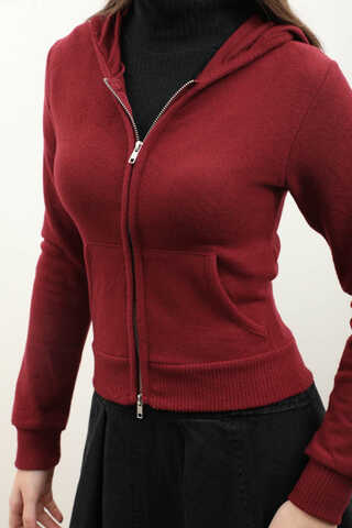 Kapüşonlu Kısa Hırka Bordo - 6