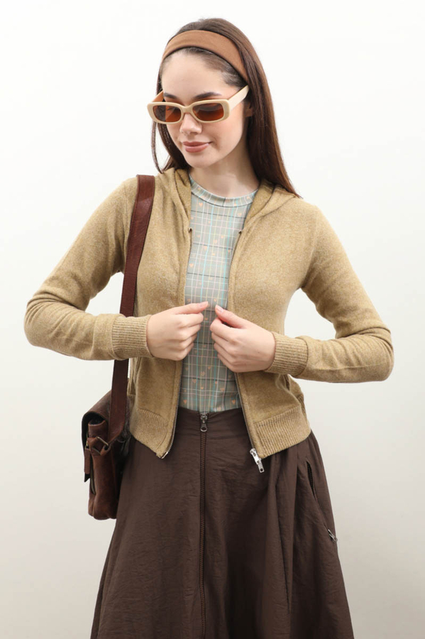 Kapüşonlu Kısa Hırka Hardal - 3