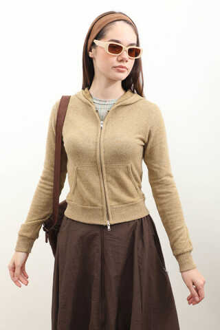 Kapüşonlu Kısa Hırka Hardal - 1