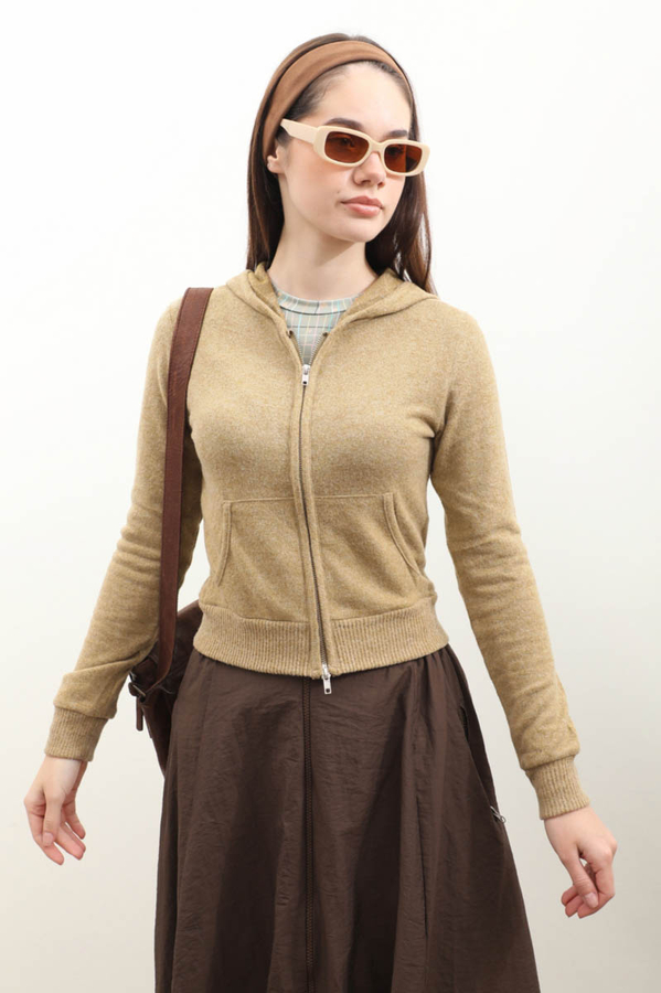 Kapüşonlu Kısa Hırka Hardal - 1