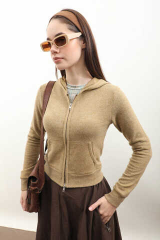 Kapüşonlu Kısa Hırka Hardal - 6