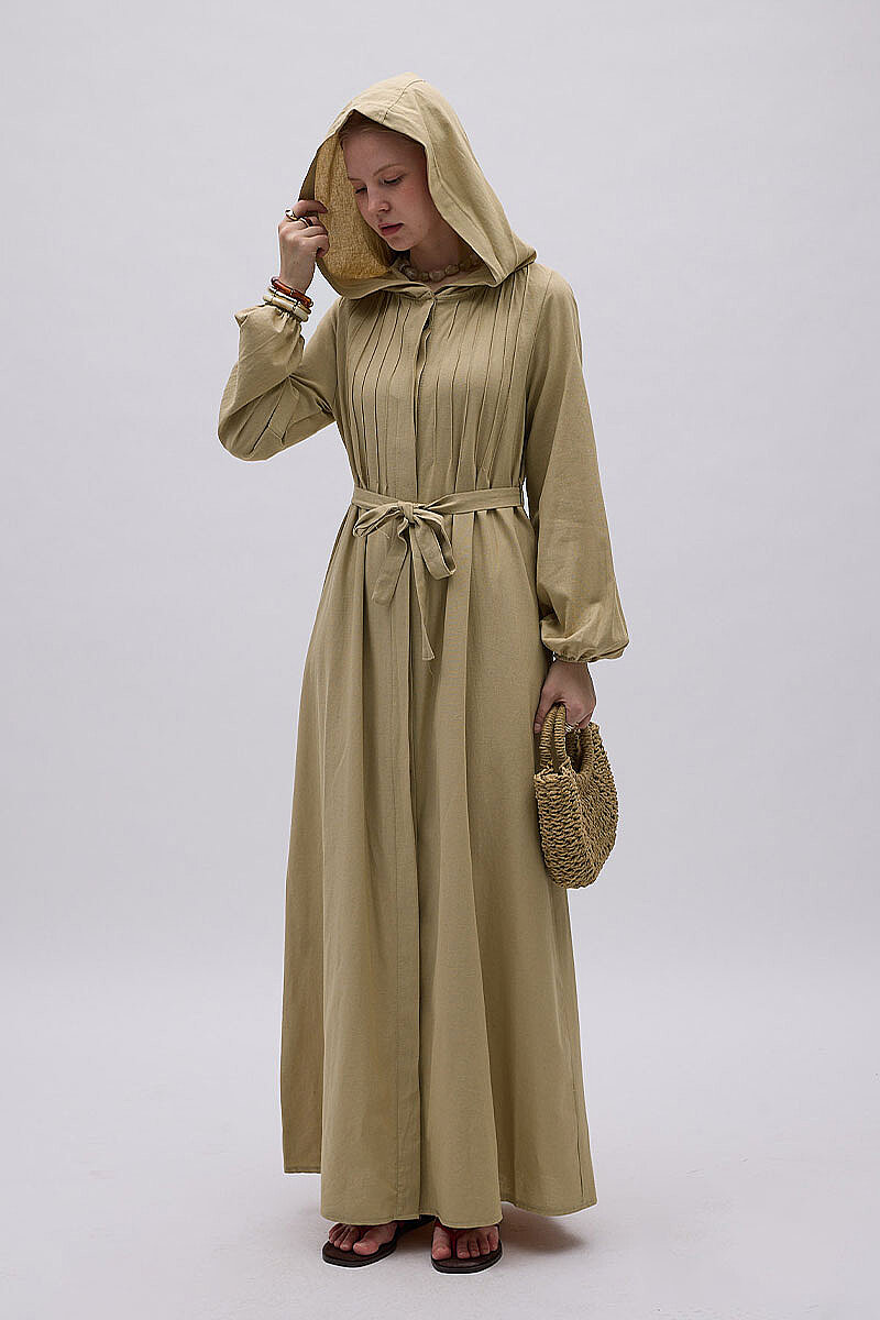 Kapüşonlu Nevürlü Elbise Camel