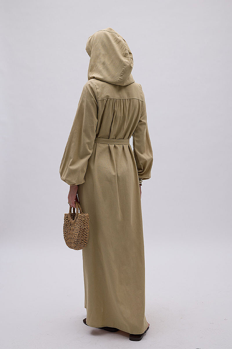 Kapüşonlu Nevürlü Elbise Camel - 4