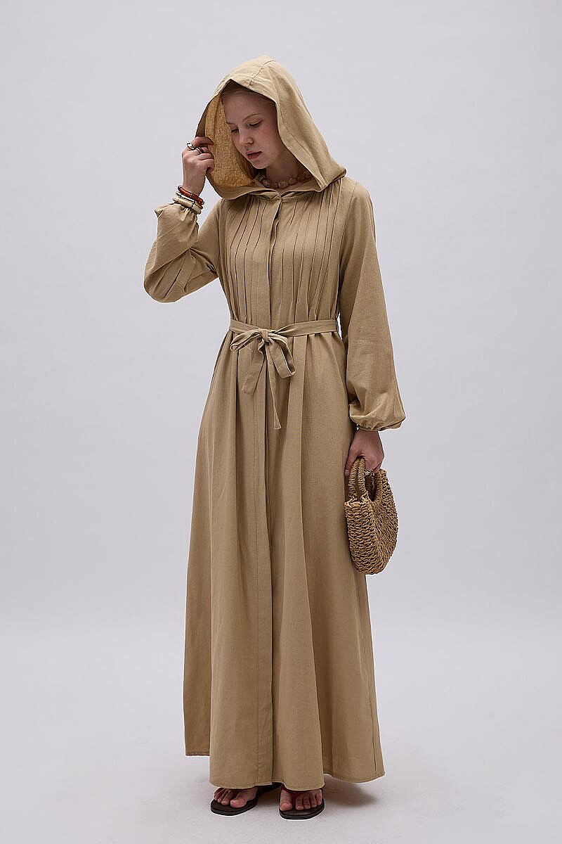Kapüşonlu Nevürlü Elbise Camel