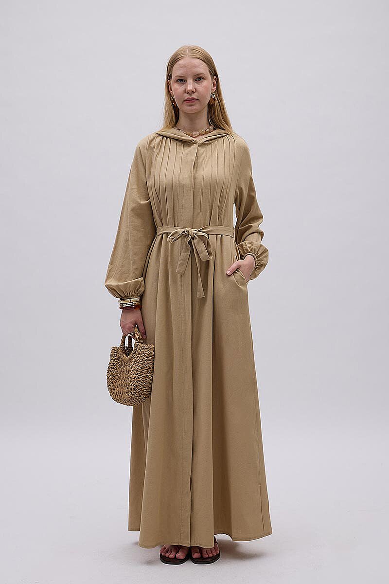 Kapüşonlu Nevürlü Elbise Camel - 2