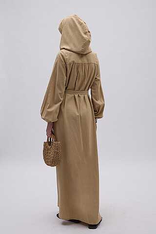Kapüşonlu Nevürlü Elbise Camel - 6