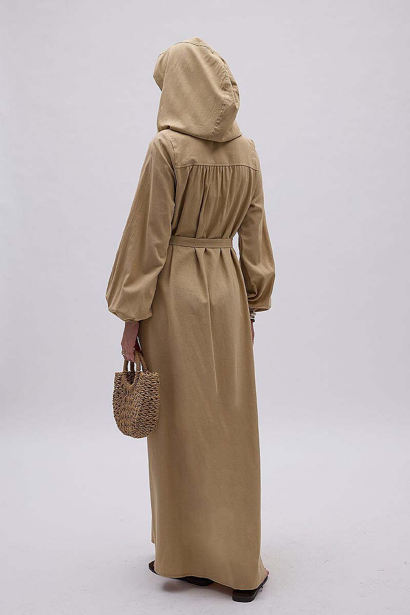 Kapüşonlu Nevürlü Elbise Camel - 6