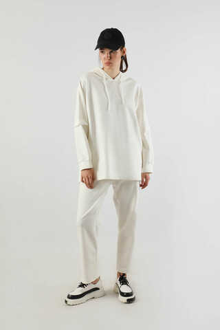 Kapüşonlu Oversize Spor Takım Ekru - 1