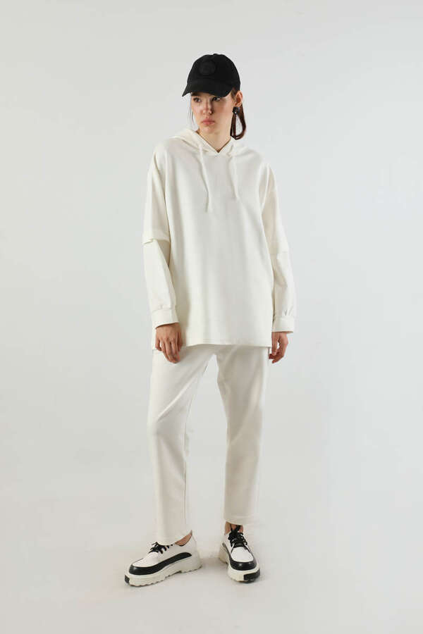 Kapüşonlu Oversize Spor Takım Ekru - 1