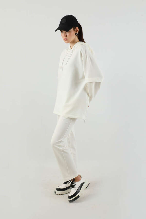 Kapüşonlu Oversize Spor Takım Ekru - 3