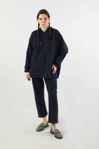 Kapüşonlu Oversize Spor Takım Lacivert - 5