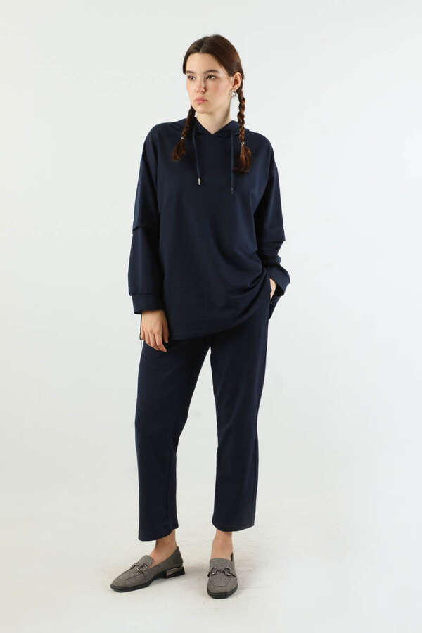Kapüşonlu Oversize Spor Takım Lacivert - 1