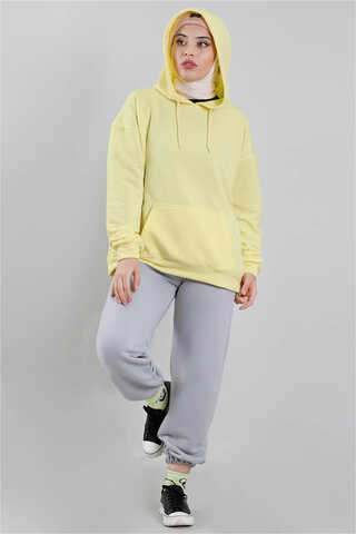 Kapüşonlu Oversize Sweat Limon Sarısı - 1