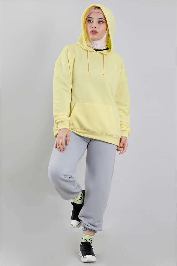 Kapüşonlu Oversize Sweat Limon Sarısı - 1