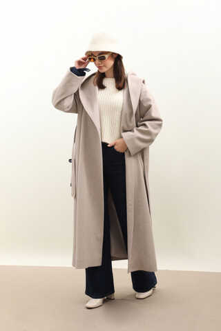 Kapüşonlu Şal Yaka Kaban Açık Vizon - 1