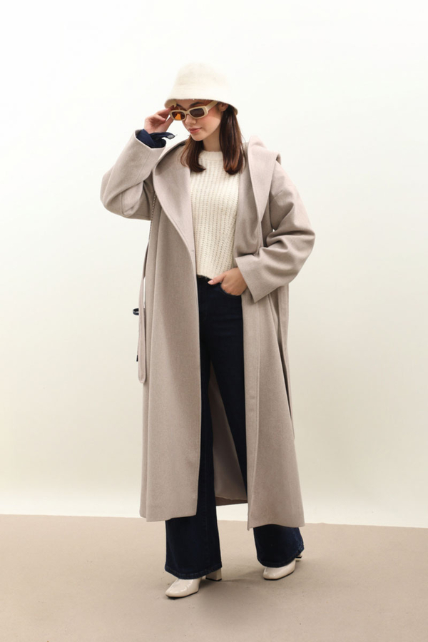 Kapüşonlu Şal Yaka Kaban Açık Vizon - 1