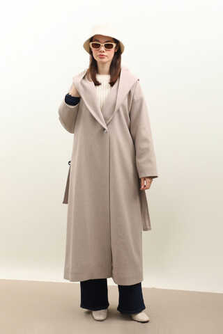 Kapüşonlu Şal Yaka Kaban Açık Vizon - 3