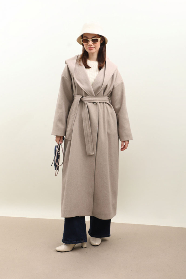 Kapüşonlu Şal Yaka Kaban Açık Vizon - 5