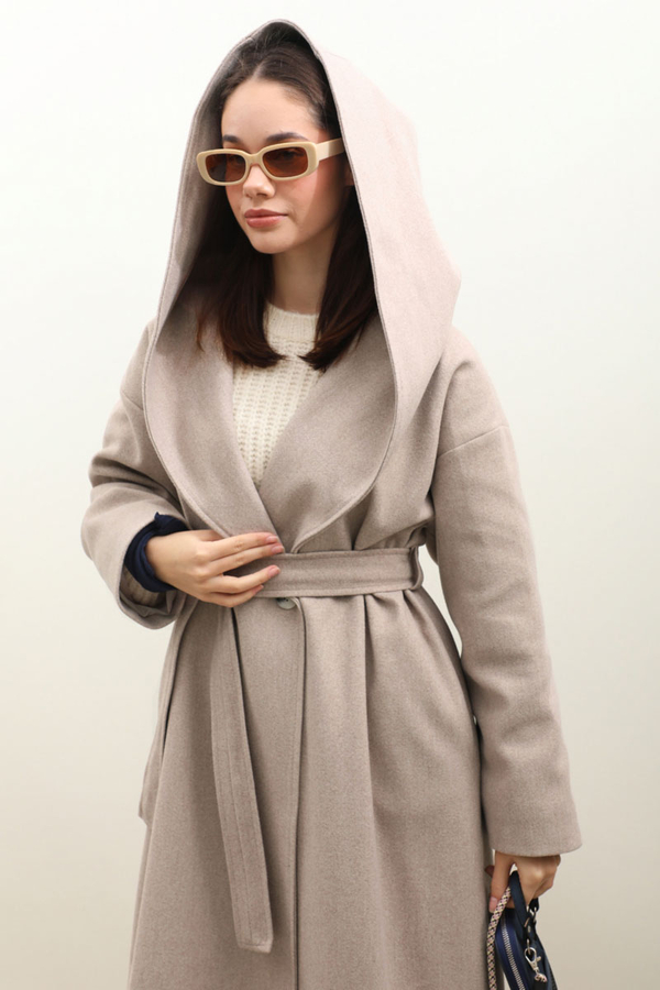 Kapüşonlu Şal Yaka Kaban Açık Vizon - 8