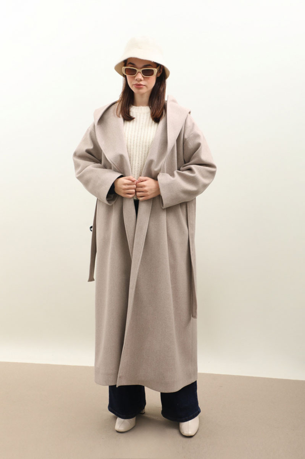 Kapüşonlu Şal Yaka Kaban Açık Vizon - 2