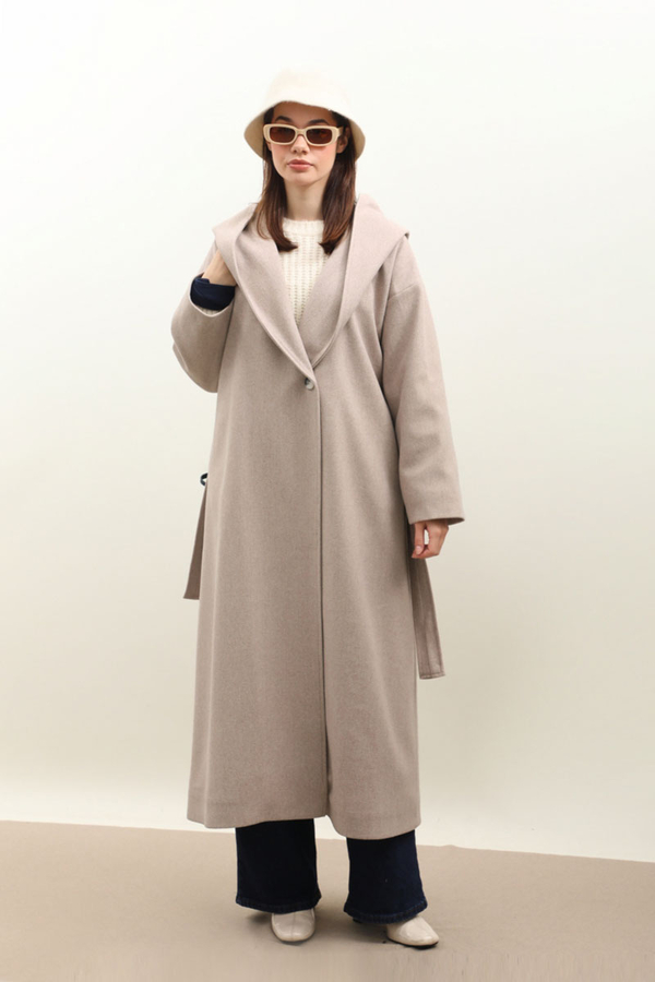 Kapüşonlu Şal Yaka Kaban Açık Vizon - 3