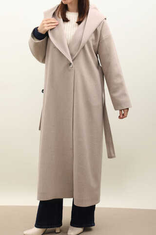 Kapüşonlu Şal Yaka Kaban Açık Vizon - 4