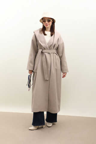 Kapüşonlu Şal Yaka Kaban Açık Vizon - 5