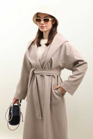 Kapüşonlu Şal Yaka Kaban Açık Vizon - 6