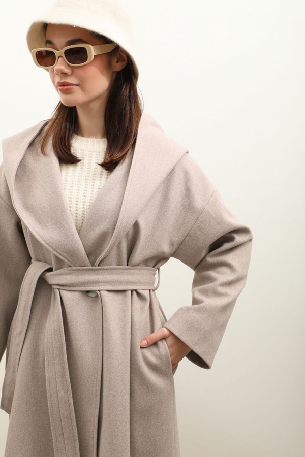 Kapüşonlu Şal Yaka Kaban Açık Vizon - 7