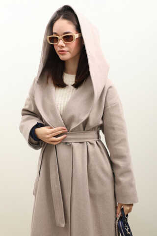 Kapüşonlu Şal Yaka Kaban Açık Vizon - 8