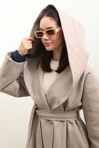 Kapüşonlu Şal Yaka Kaban Açık Vizon - 9