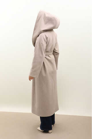 Kapüşonlu Şal Yaka Kaban Açık Vizon - 10