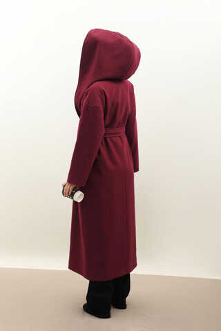 Kapüşonlu Şal Yaka Kaban Bordo - 13