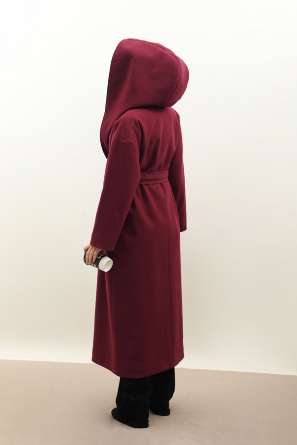 Kapüşonlu Şal Yaka Kaban Bordo - 13