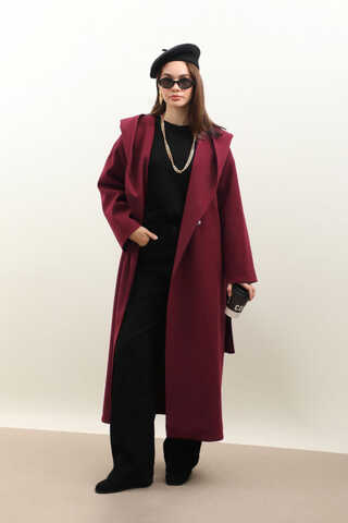 Kapüşonlu Şal Yaka Kaban Bordo - 1